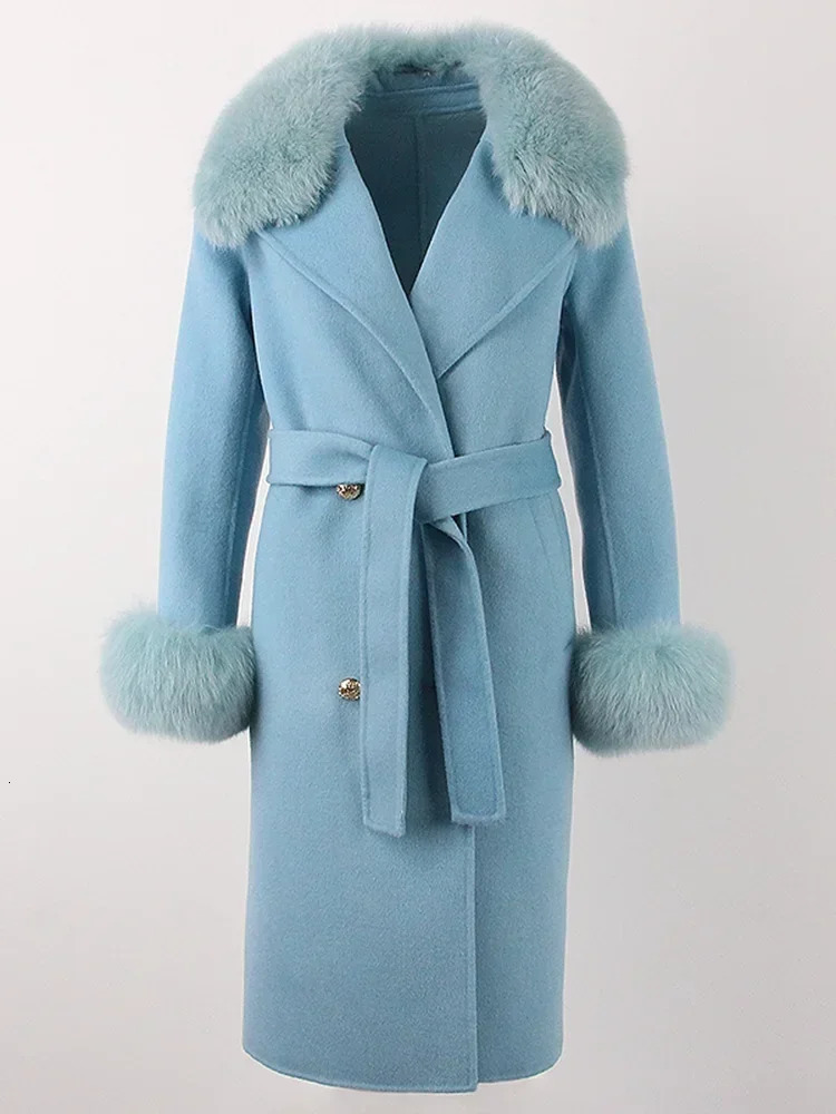 2024 Winter Jacket Women Long Natural Wool Blends Cashmere Real Fur Coat Double Breasted Belt Warm Streetwear Fashion 241025