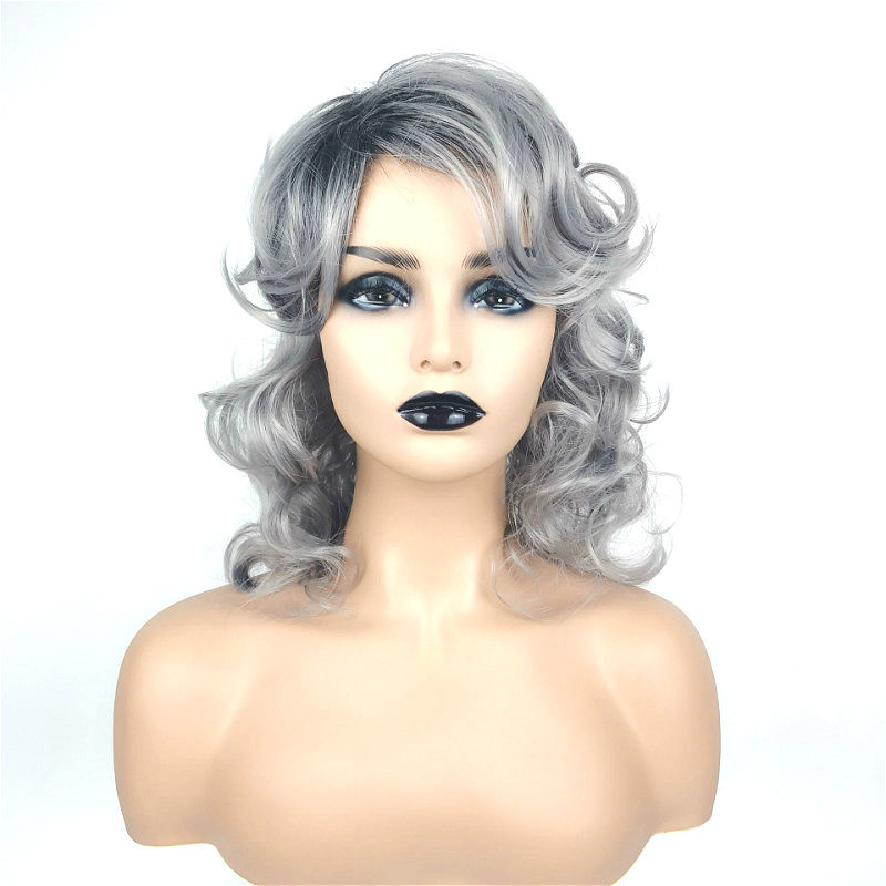 Wig for women with side-parted long curly hair cosplay gray dyed full headpiece wigs human hair