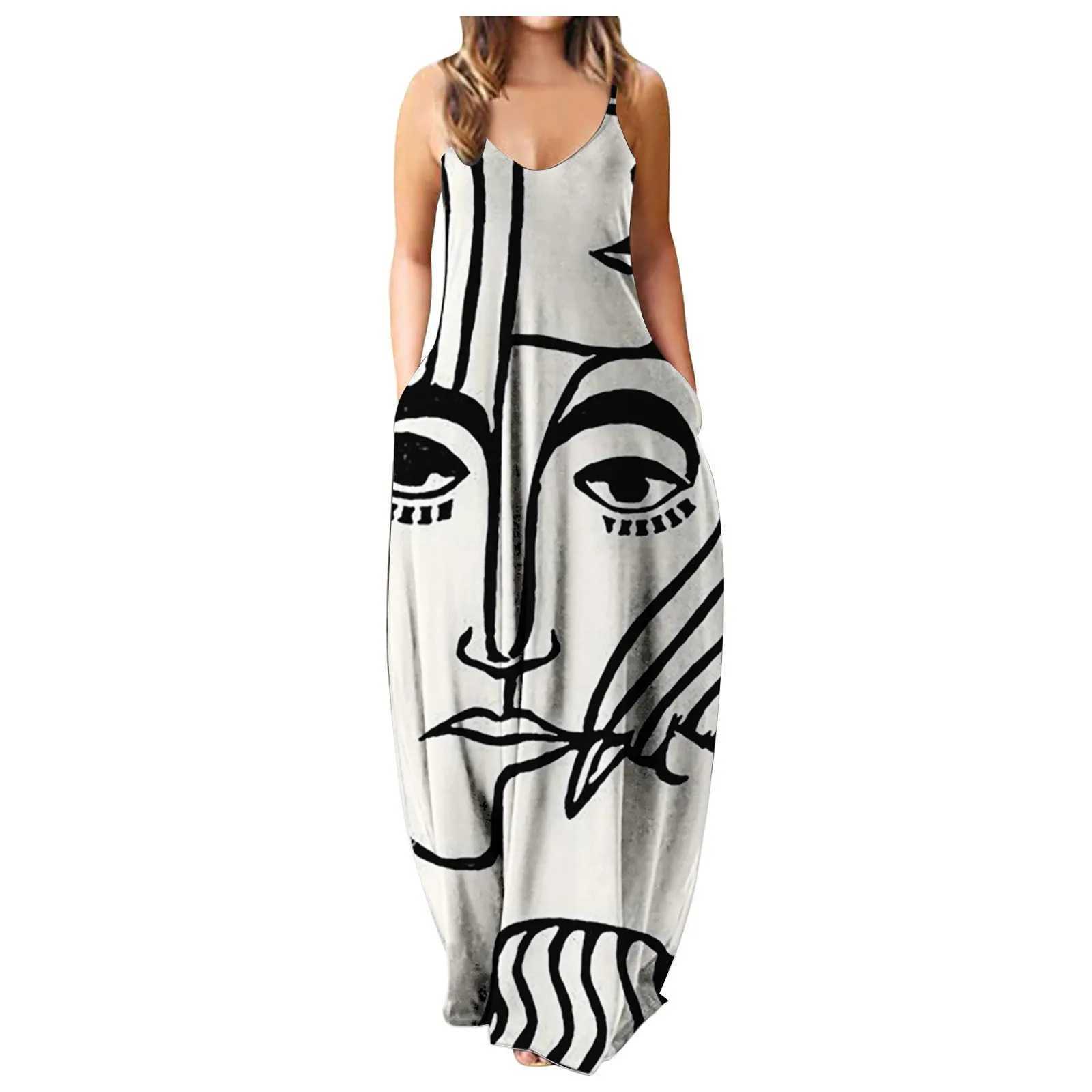 Pregnant womens summer strapless long dress abstract facial digital printing fashion suitable for street wear breathable W241026