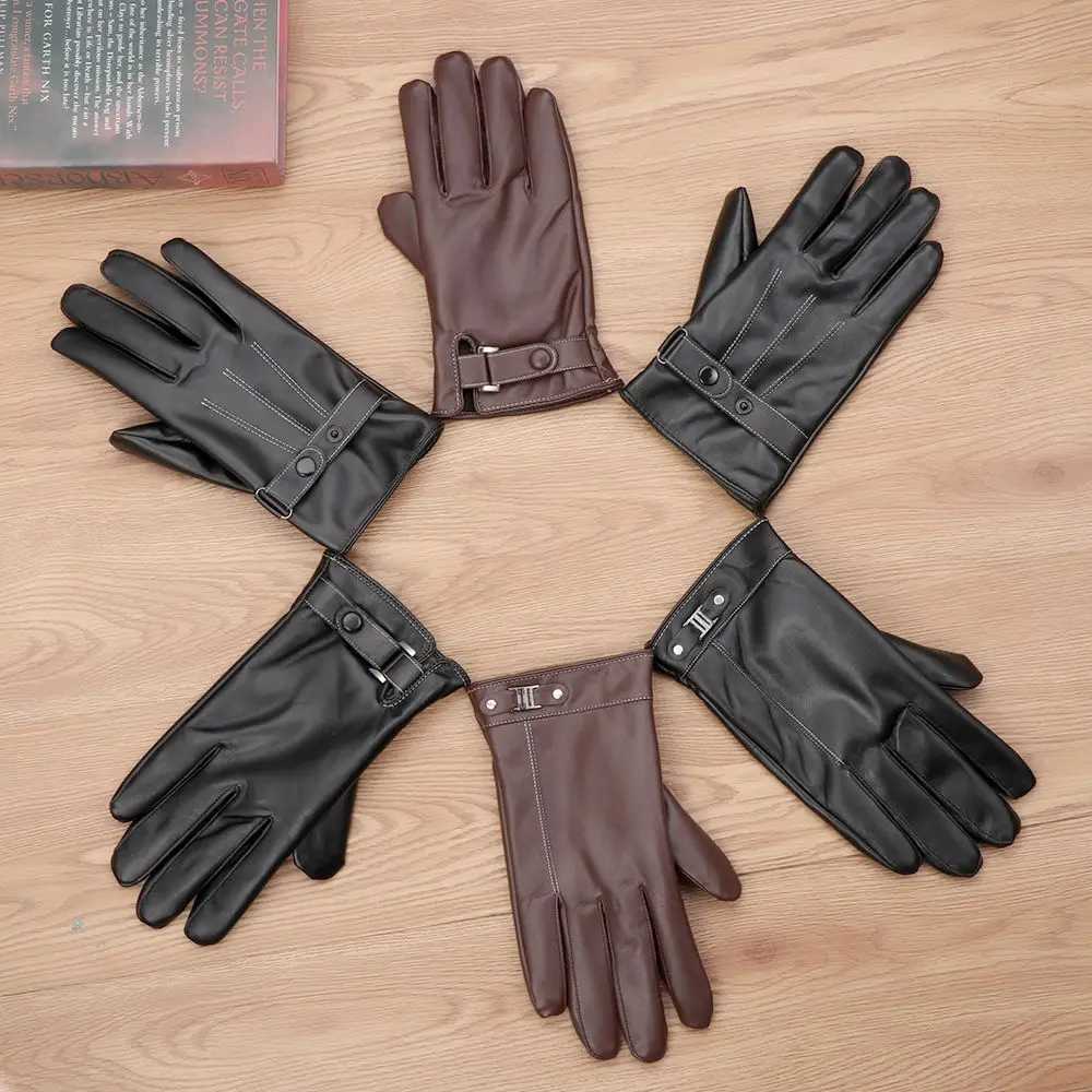 1 pair of mens wool hot leather Gs winter warm touch screen windproof and waterproof driving Gs all finger black Gs W241026