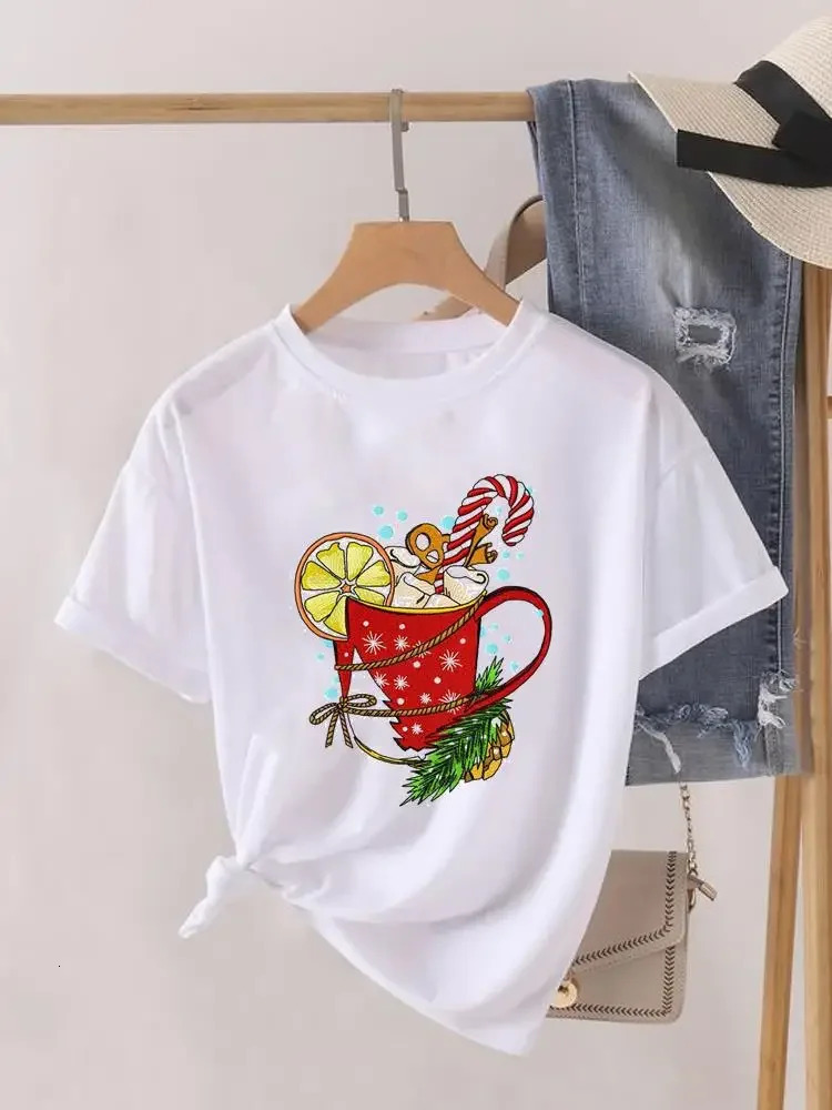 Graphic Tshirt Lady Year Short Sleeve Print Fashion Women Shirt Tee Top Paw Dog Cat Trend Cute Christmas Clothing Clothes 241025