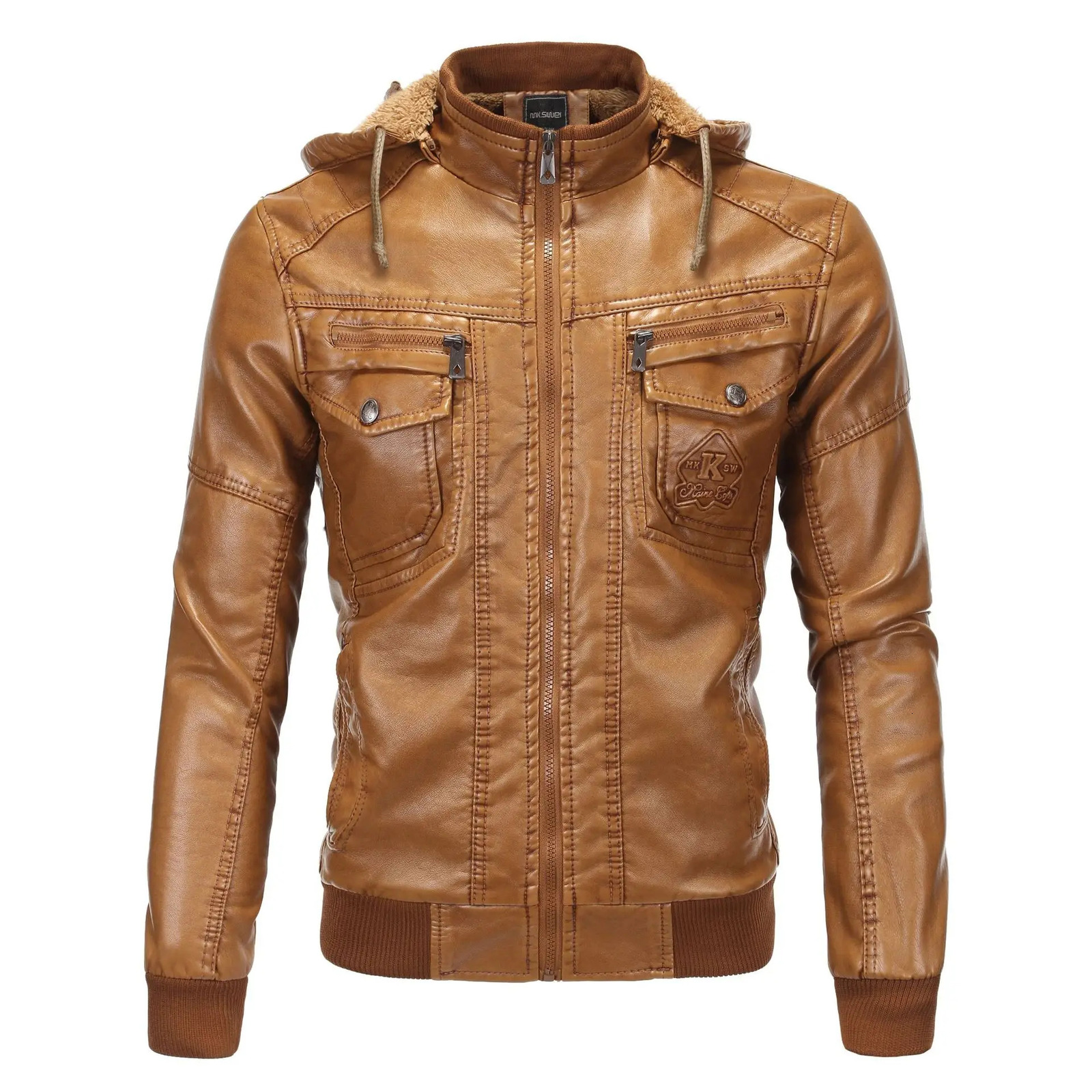 Mens Leather Jacket with Plush Insulation Classic Sheepskin Hood Business Casual Pu Sports Autumn and Winte 241025