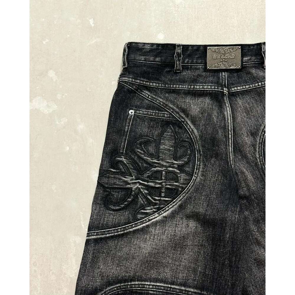 Haruku Retro Street Splicing Embroidery Pattern Washed Loose Women's Trendy Heavy Industry Jeans Y2k Wide Leg Pants