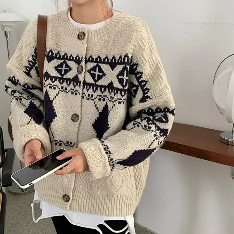 HELIAR Korean Patchwork Cardigan Sweater Lazy Wind Vintage Argyle Long Sleeve Knitted Coat Casual O Neck Female Print Top 241025