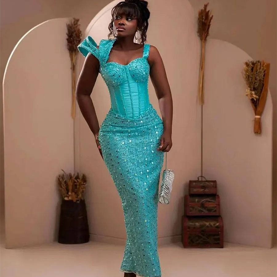 Shine Sequins Lace Sheath Prom Dresses Beaded Sweetheart Straps Ankle Length African Aso Ebi Birthday Party Gown Evening Formal Party Events Dress Bac