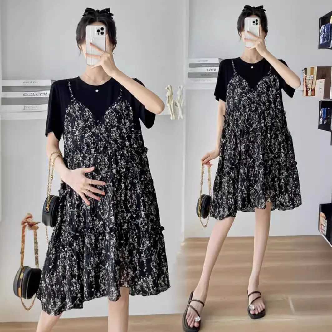 Pregnant womens clothing summer new floral L dress mini mens clothing splicing fashion mom loose large size small fresh summer dress thin W241026
