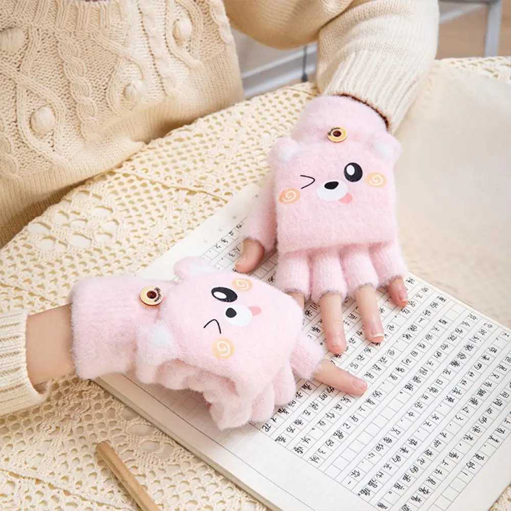 Cybara Kids Winter Gs Mink Thick Student Half Finger Collar Gs Cartoon Boys and Girls Warm Knitted Gloves W241026