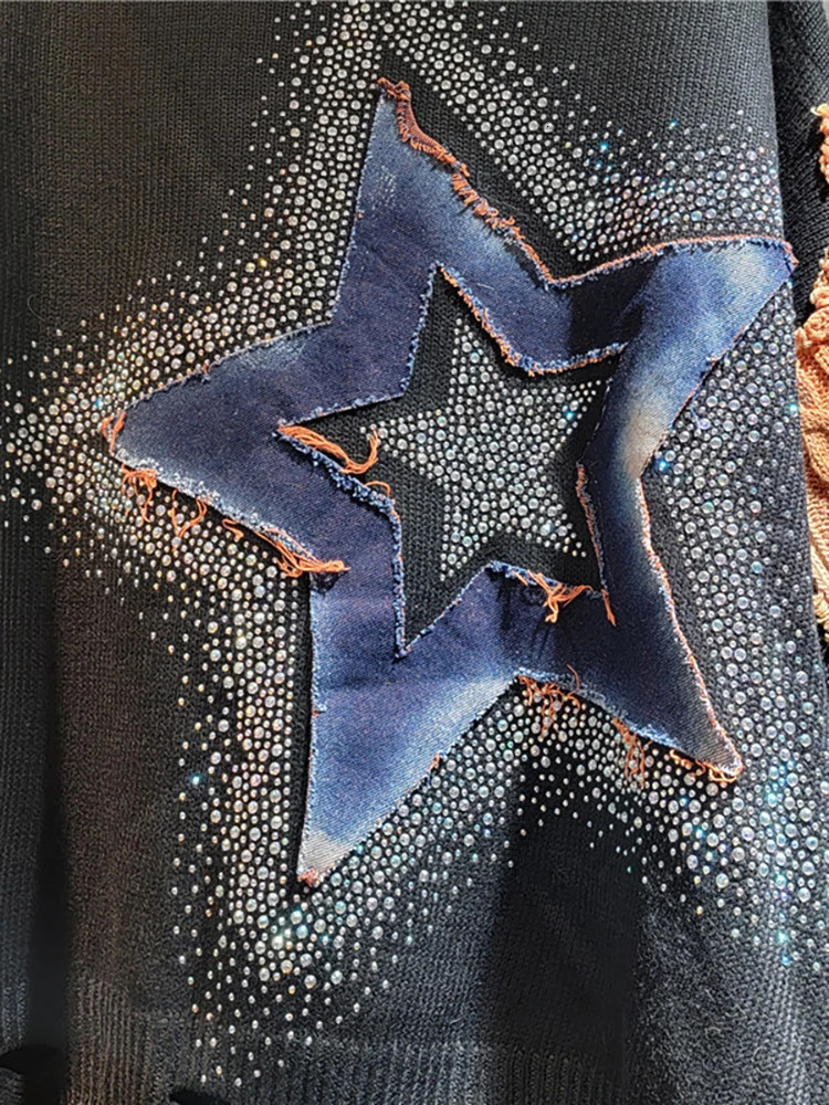 DEAT Womens Pullover Patch Work Denim Star Rhinestone Piercing O-Neck Loose Long Sleeve Sweater Autumn Fashion 241024