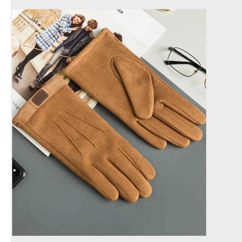 Winter mens plush warm cashmere outdoor sports bicycle gloves womens three ribbed suede leather touch screen driving G J98 W241026