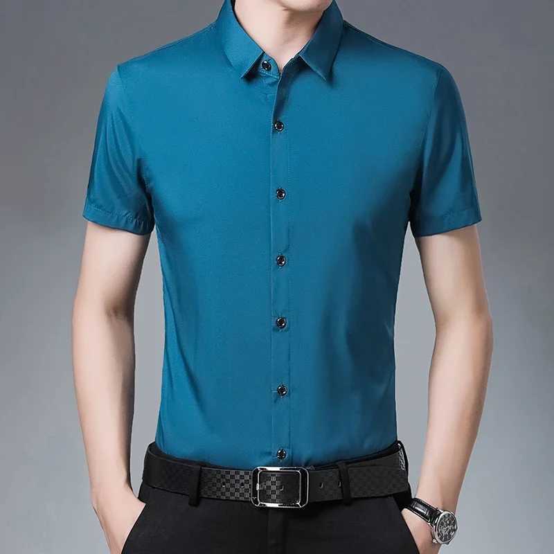 Mens business casual solid color short sleeved shirt uncomfortable top W241026