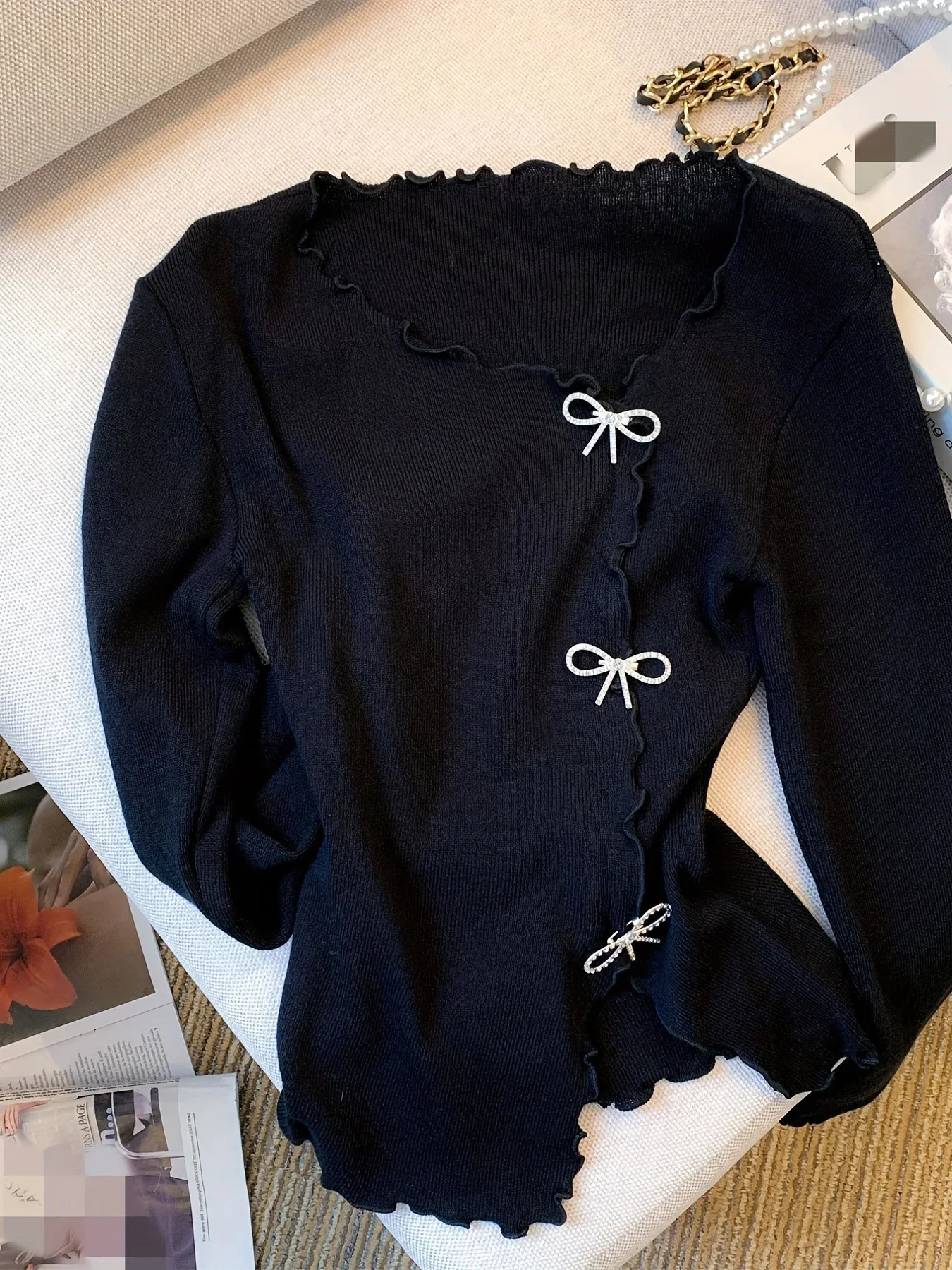 2024 BlackWhite Solid Lettuce Trim Bowknot Pullover Sweater Y2K Casual Long Sleeve For Spring Fall Womens Clothing 241025