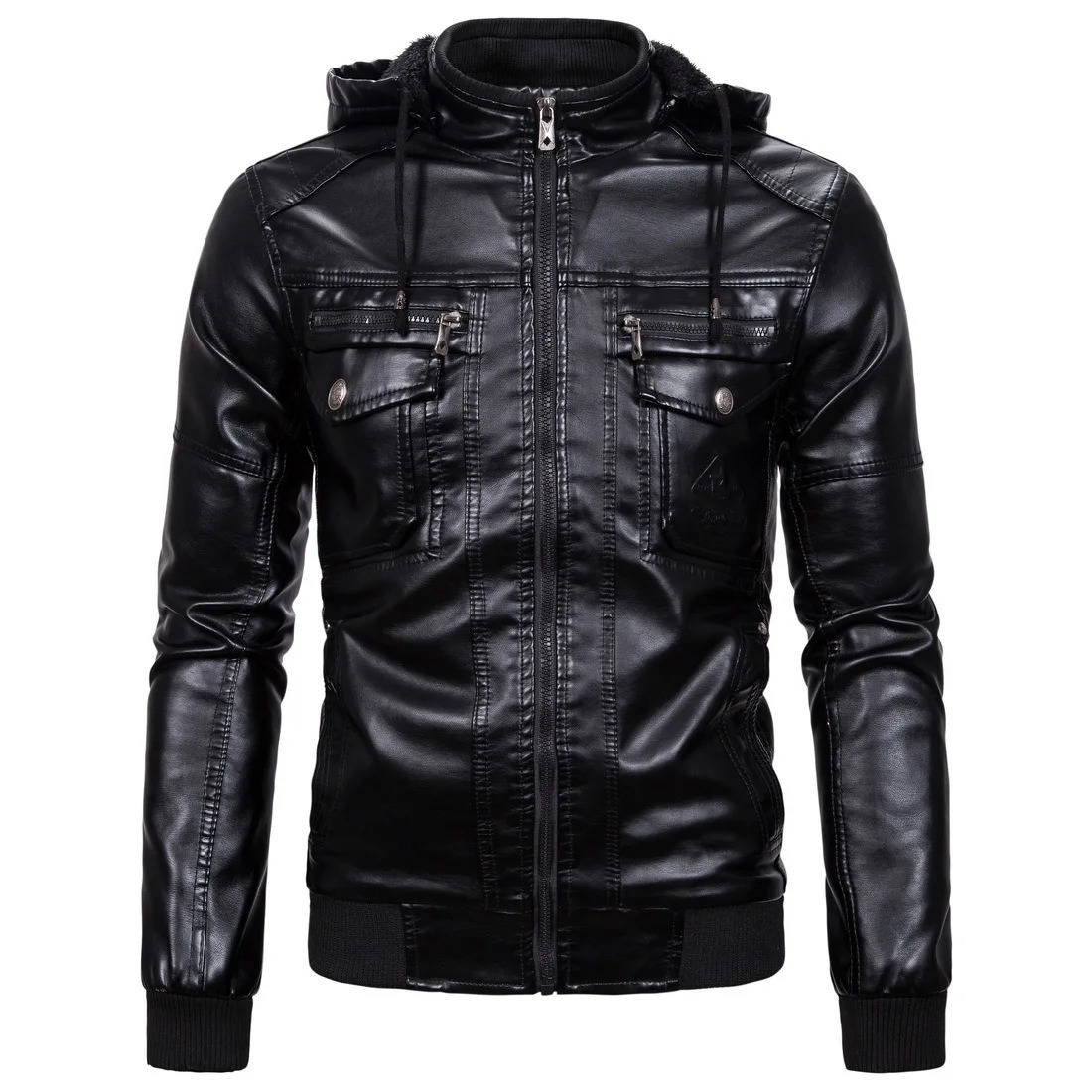 Mens Leather Jacket with Plush Insulation Classic Sheepskin Hood Business Casual Pu Sports Autumn and Winte 241025