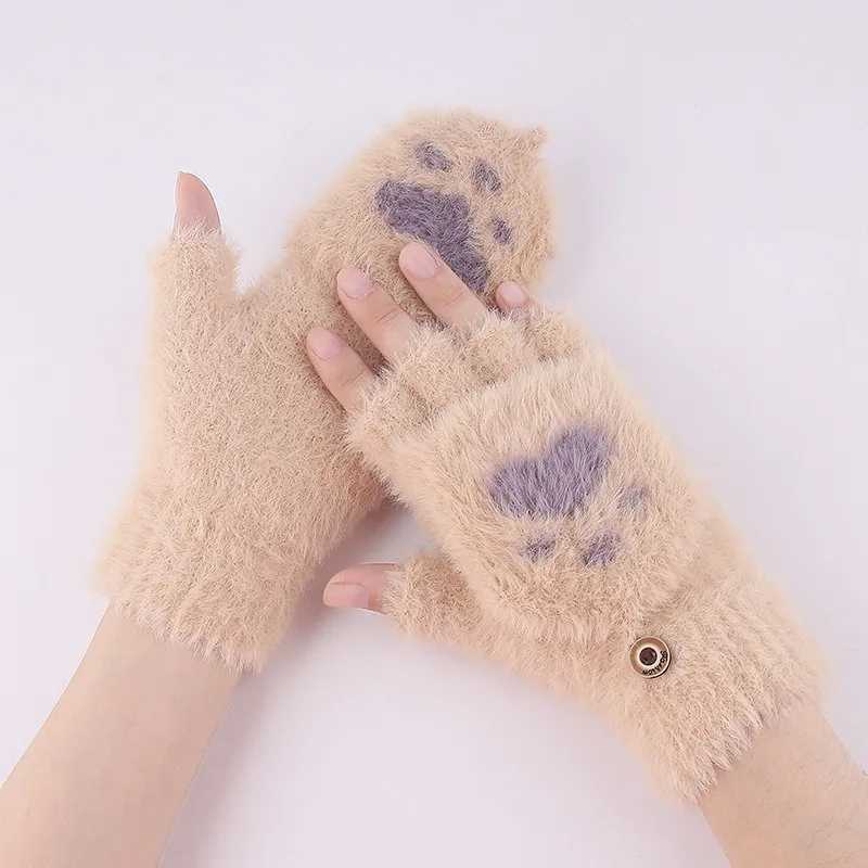 Thick Womens Warm Cat Gs Fashion Girl Cat Cl P Plush Gloves Soft Plush Short Finger Half Finger Winter Gs W241026