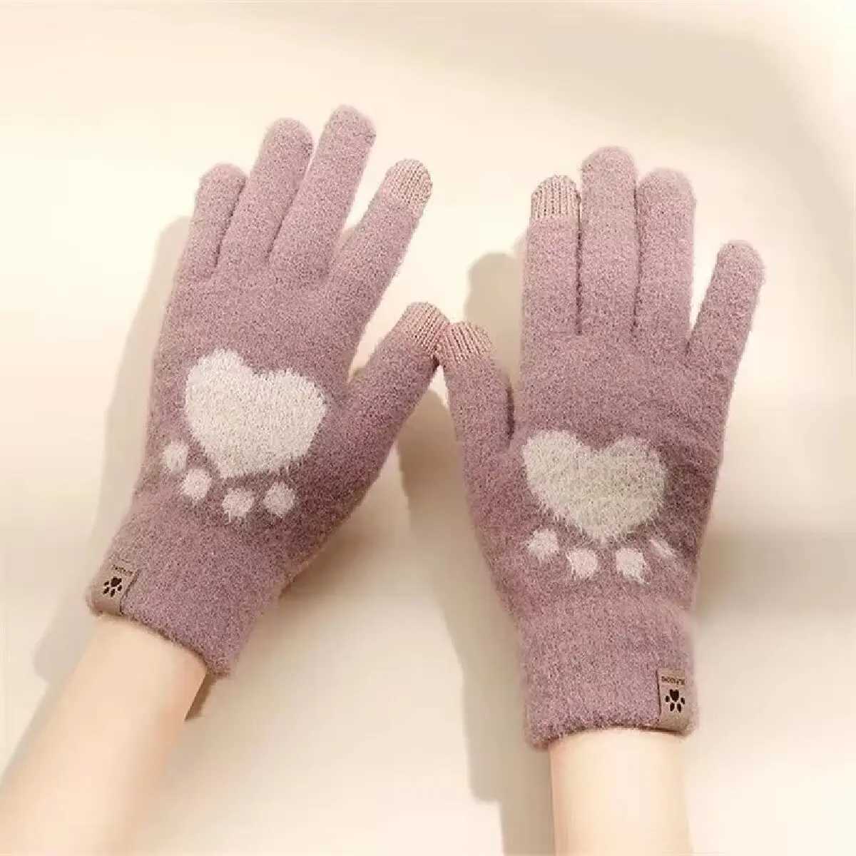 Winter Cat P Gs Warm Gloves Fashion Phone Touch Screen Knitted Gs Thick Women Soft Fluffy All Finger Gs W241026