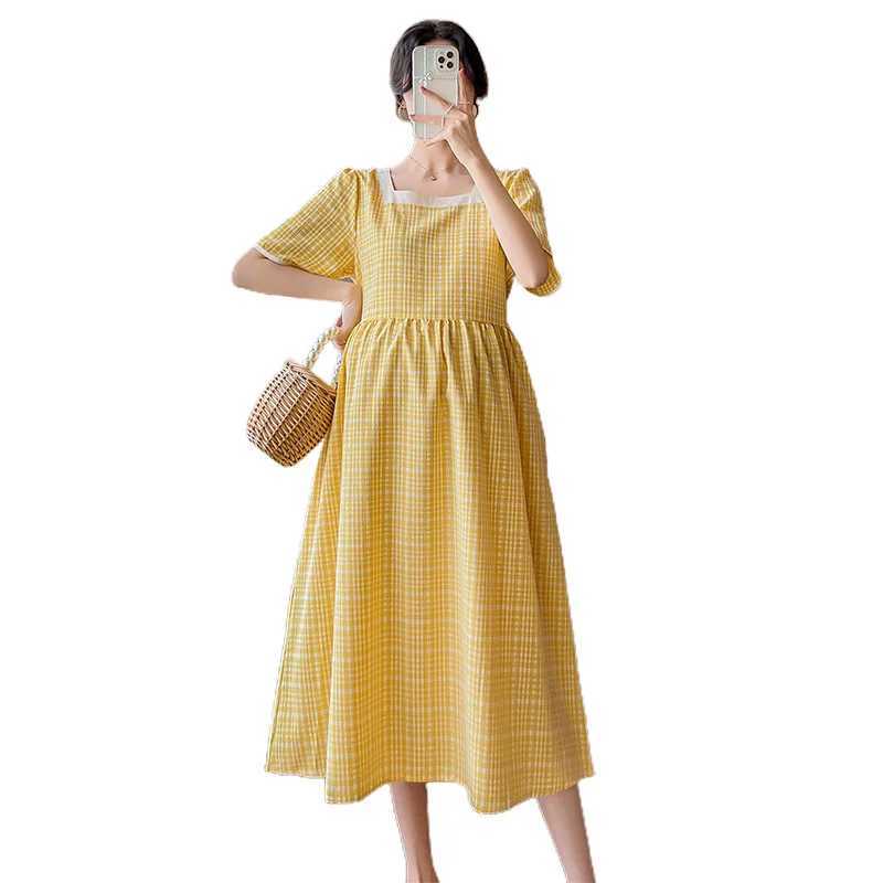 Korean summer long loose pregnant women A-line dress short sleeved square neckline pregnant women plain weave dress pregnant women dress W241026