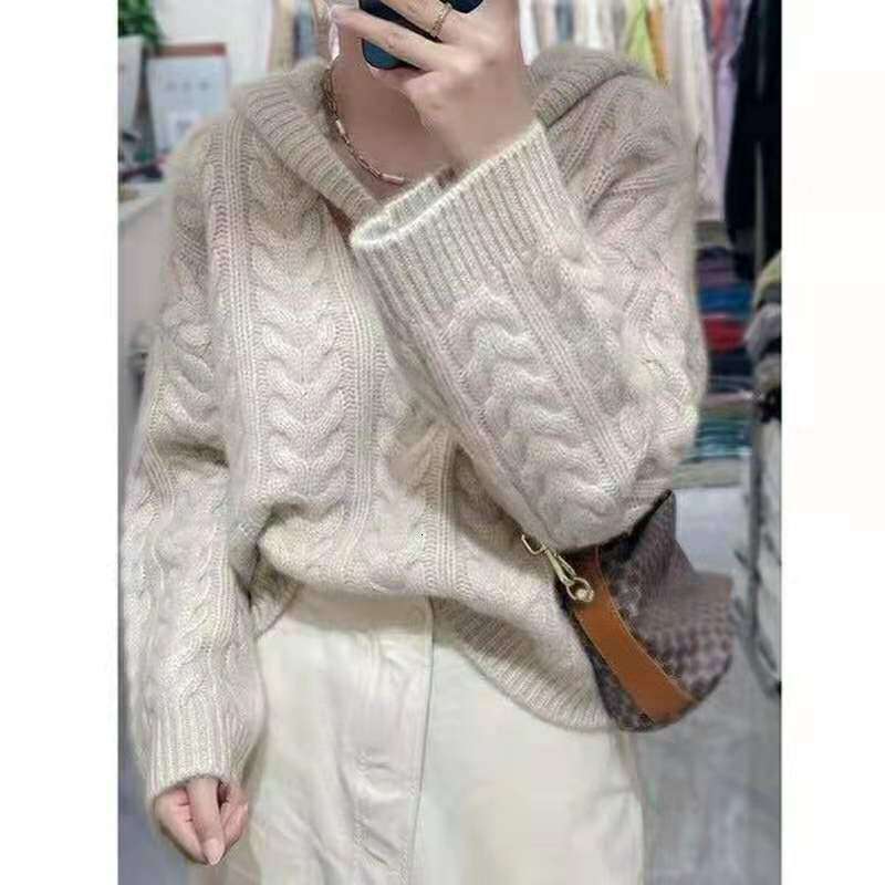 Autumn And Winter Hooded Pullover Pure Cashmere New Languid Lazy Loose Knitting Sweater Women Add Thick Twist Sw
