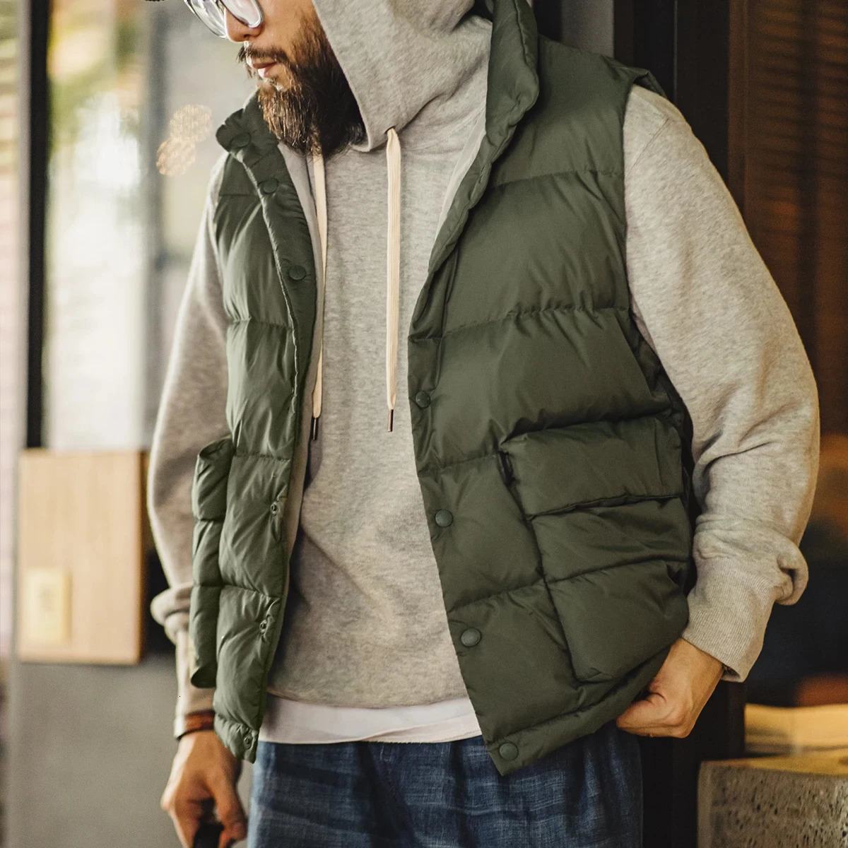 Maden Mens Autumn and Winter Down Vest White Duck Filling Thickened Warm Standup Outerwear Vests Large Double Side Pocket 241025