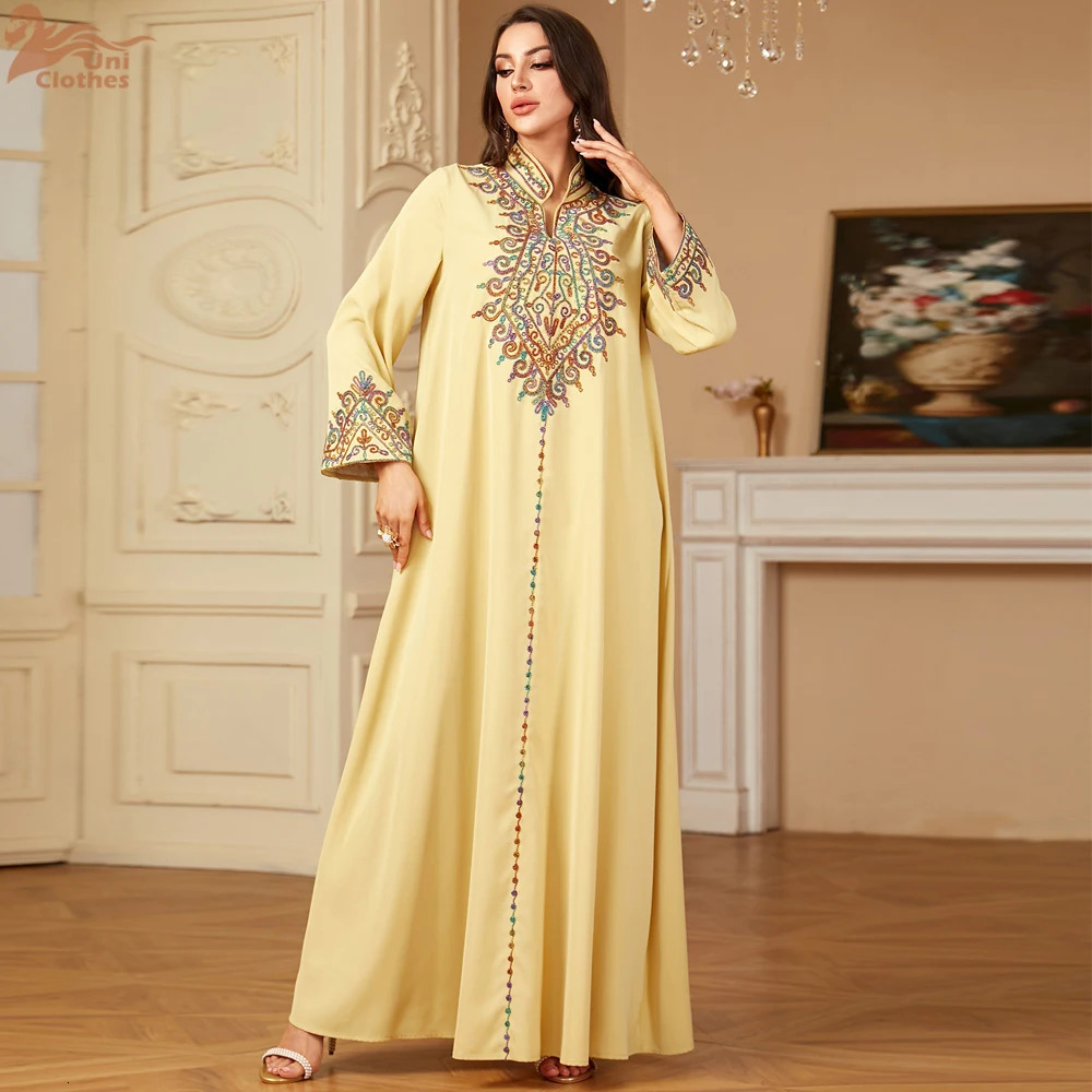 Uni Embroidered V-neck Long Dress Dubai Arab Abaya Muslim Women Loose Morocco Saudi Arabia Ethnic Jalabia Fashion Robe 241025