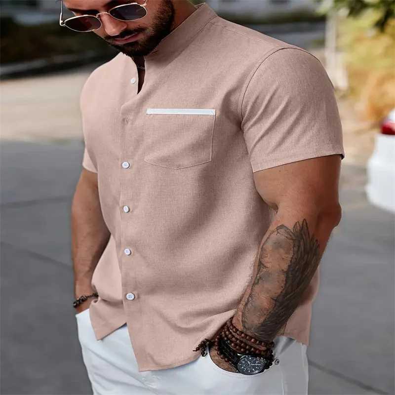 Mens solid color shirt daily short sleeved V-neck button fashionable design casual comfortable breathable W241026