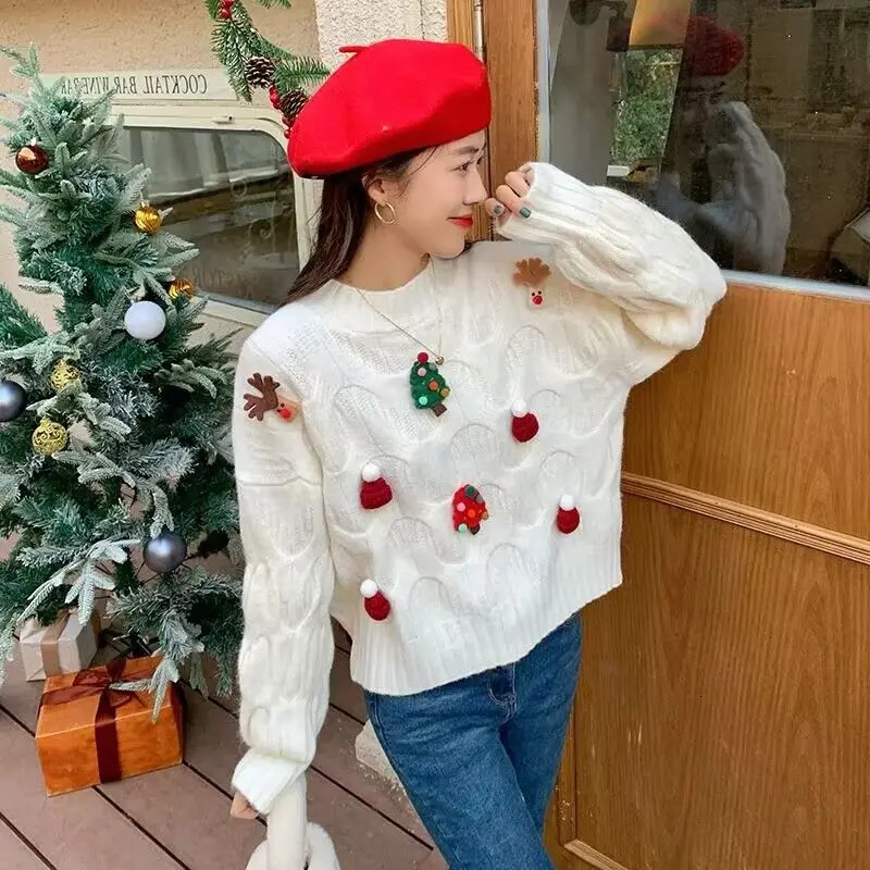 Christmas womens clothing red sweater womens top T-shirt sweet autumn winter casual Korean bright thread decoration knitting pull 241025
