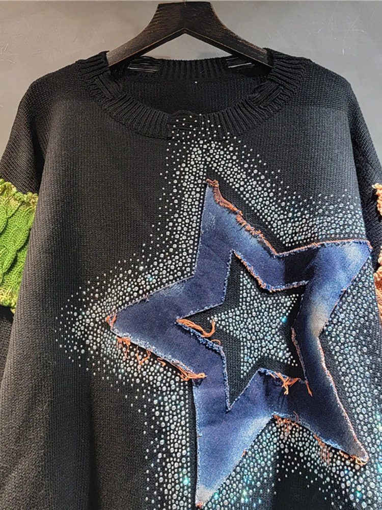 DEAT Womens Pullover Patch Work Denim Star Rhinestone Piercing O-Neck Loose Long Sleeve Sweater Autumn Fashion 241024