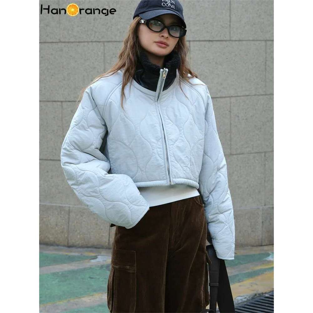 Hanorange 2024 Autumn Winter Fashion Stand Collar Quilted Cotton Women Silhouette Warm Short Jacket Light Gray/Gray Green