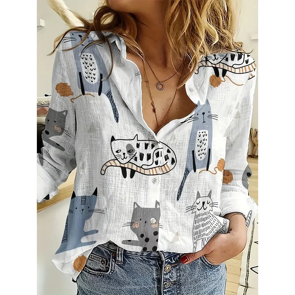 Womens 2024 3d Christmas Printed Long Sleeve Shirts Elegant Lapel Top Winter Spring SingleBreasted Basic Shirt 241025