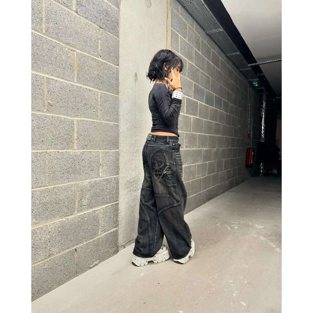 Haruku Retro Street Splicing Embroidery Pattern Washed Loose Women's Trendy Heavy Industry Jeans Y2k Wide Leg Pants
