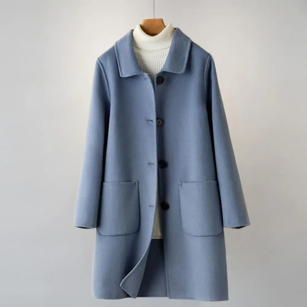 Womens Long Sleeve Wool Blend Coat Winter PocketsThickened Woolen Cardigan Jacket Fashion Pockets Coldproof 2023 241025Z