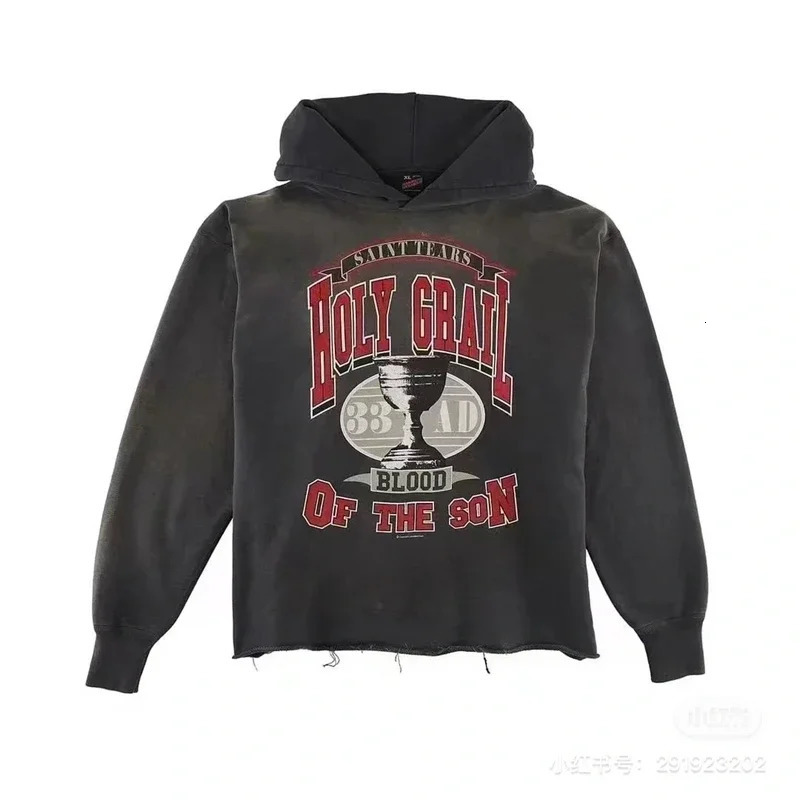 Washed Black Saint Hoodie Men Women Pullover Graffiti Damaged Hooded 241025