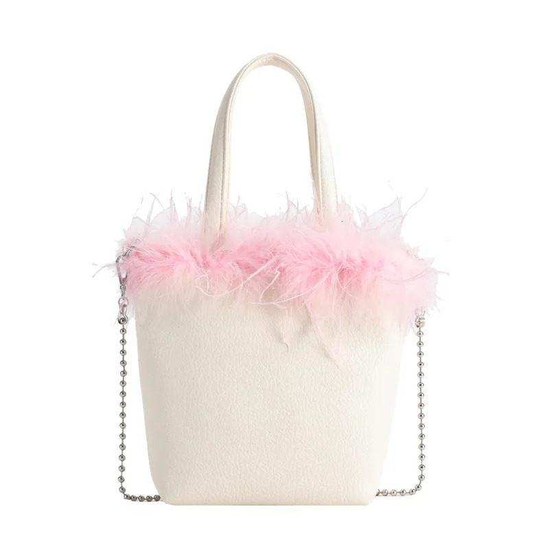 Miyagawa Womens Sweet Water Bucket Plush Bag Fashion Feather Handbag Bead Chain Cross Body Bag 241025