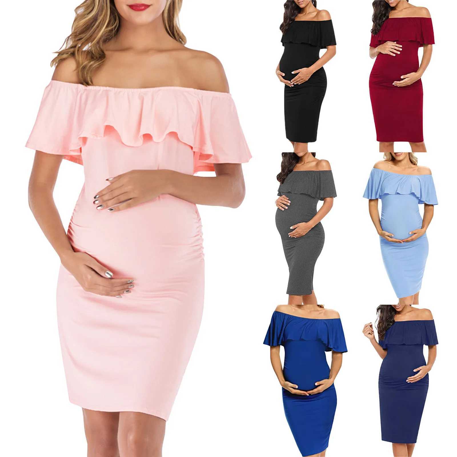 Pregnant womens dresses with fashionable short sleeves slanted collars solid pleats mothers dresses pregnant womens clothing dresses W241026