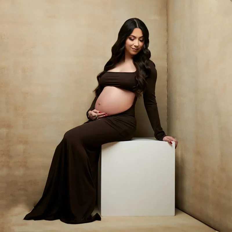 Square collar long sleeved pregnant woman photo shoot dress backless pregnant woman photography set W241026