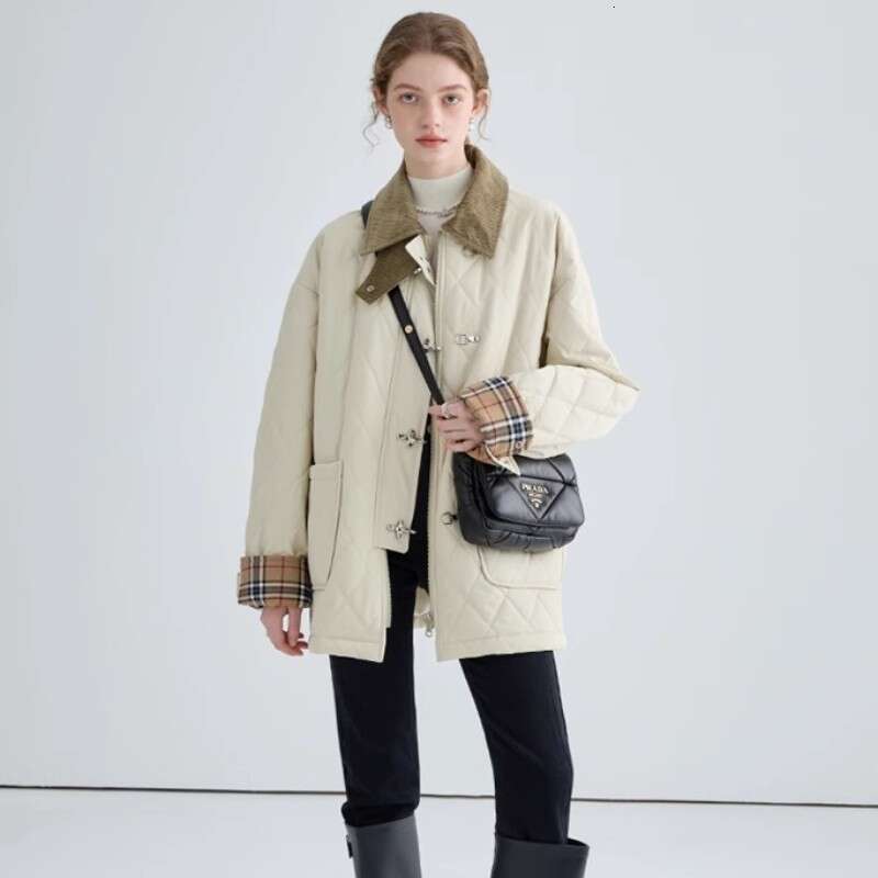 Square Collar Aircraft Button For Women In 2023 Winter Design, With A Patchwork Dia Checkered Cotton Jacket