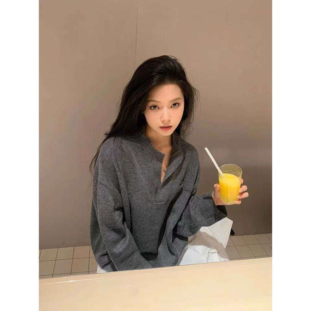 Fall 2024 New Gray Pullover 100% Cashmere Top Loose Long Sleeve Sweater Women