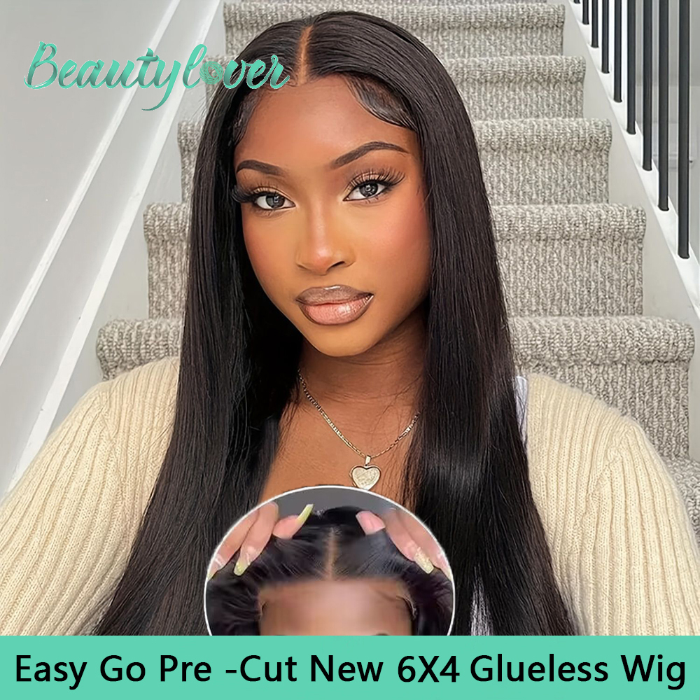 6X4 Straight Pre-Cut Lace Wigs 180% Glueless Wig Human Hair Ready To Wear For Black Women