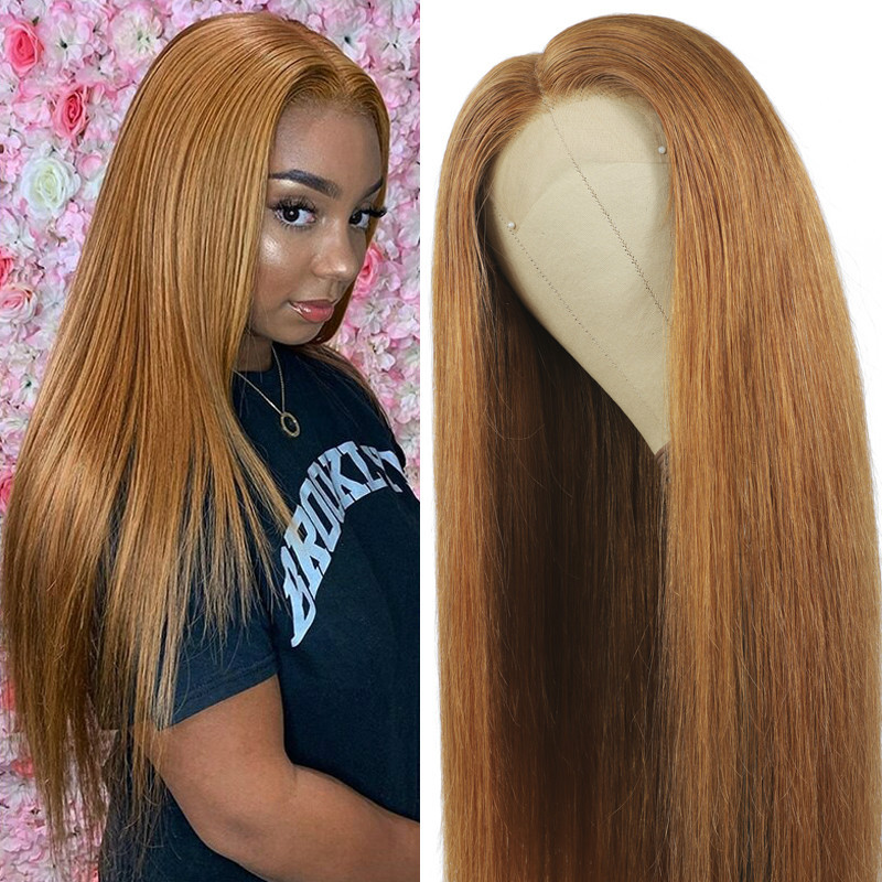Women's synthetic long straight hair dyed wig women's middle parted bangs