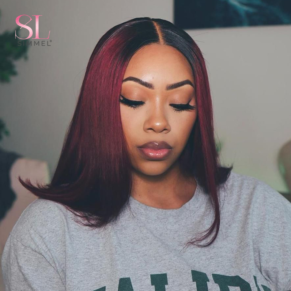 T1B/99j Bury Red Straight T Part Lace Front Human For Women Colored Brazilian Remy Hair Natural Bob Wig