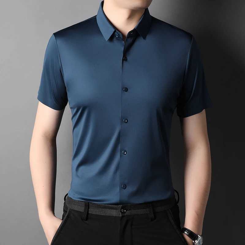 MLSHP High Elasticity Summer Mens Shirt Luxury Short Slip Solid Color Seamless Business Casual Mens Dress 4XL W241026