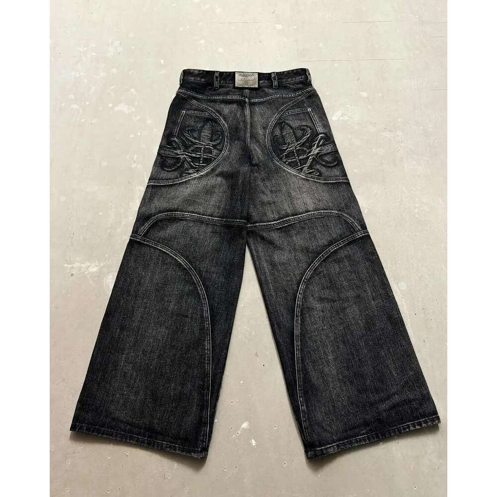 Haruku Retro Street Splicing Embroidery Pattern Washed Loose Women's Trendy Heavy Industry Jeans Y2k Wide Leg Pants