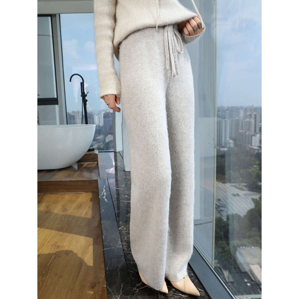2024 Women 100% Mink Wide-Leg Autumn Winter Warm Cashmere Knitted Pants Elasticated Waist Trousers