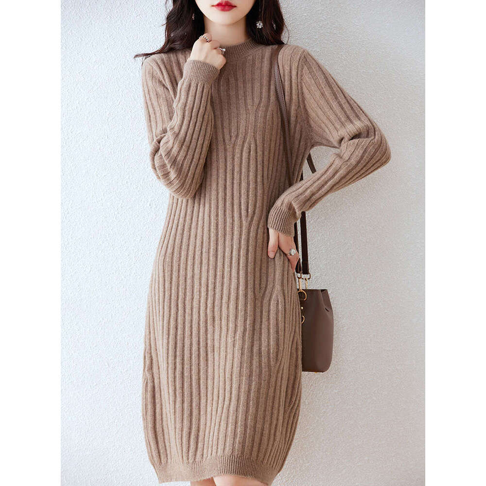 High Quality Women's Pullover Knee-Length Autumn Winter Mock-Neck Sweater 100% Merino Wool Knitwear Cashmere Thick Dress