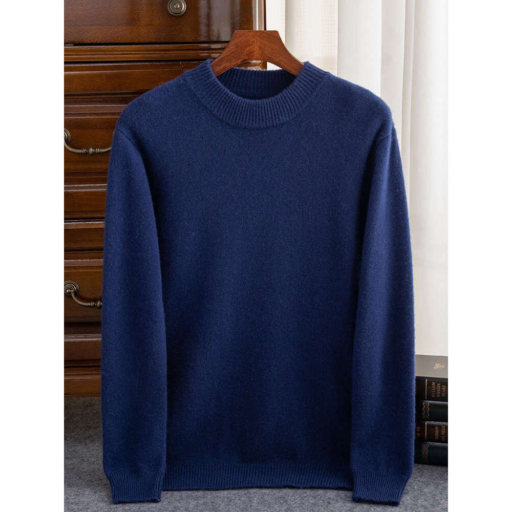 Autumn Winter Thick Sweater 100% Cashmere Long Sleeve Mock-Neck Pullover Warm Pure Color Large Size Knitwear Men Clothing