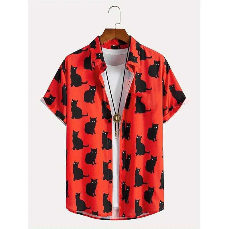 Summer Allover Cat Print Mens Casual Short Sleeve Haian Casual Button Collar Shirt Summer Mens Clothing W241026