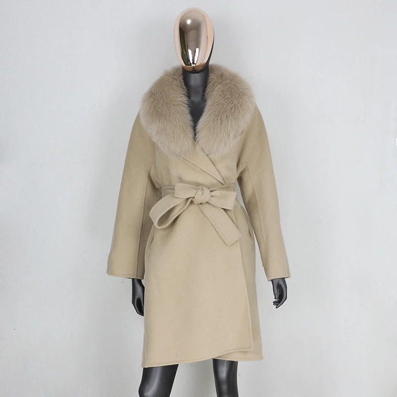 CXFS Real Fur Coat Winter Jacket Women Loose Natural Collar Cashmere Wool Blends Long Outerwear Belt Streetwear 241025