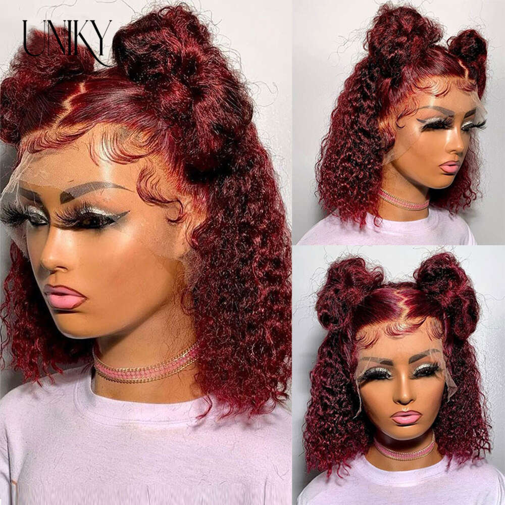 Red Bury 99J Color Kinky Curly Short Cut Blunt 13X4 Frontal Human Hair Bob Wigs 4X4 Lace Closure Preplucked Wig