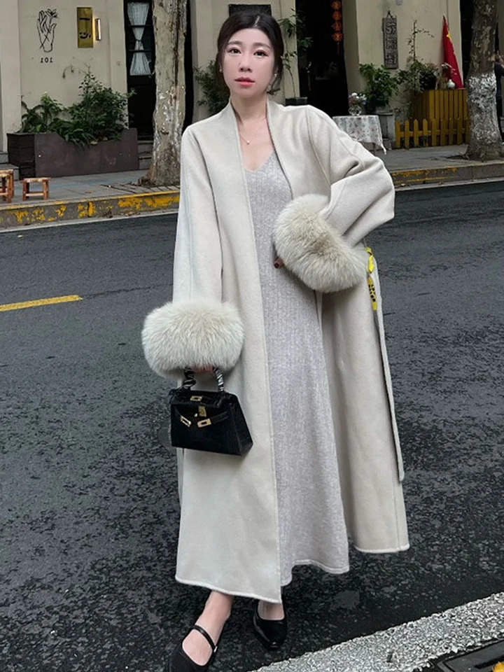 2024 Vintage Wool Blend Coat With Belt Long Womens Elegant Warm Winter Clothes Fashion Outerwear Trench 241025