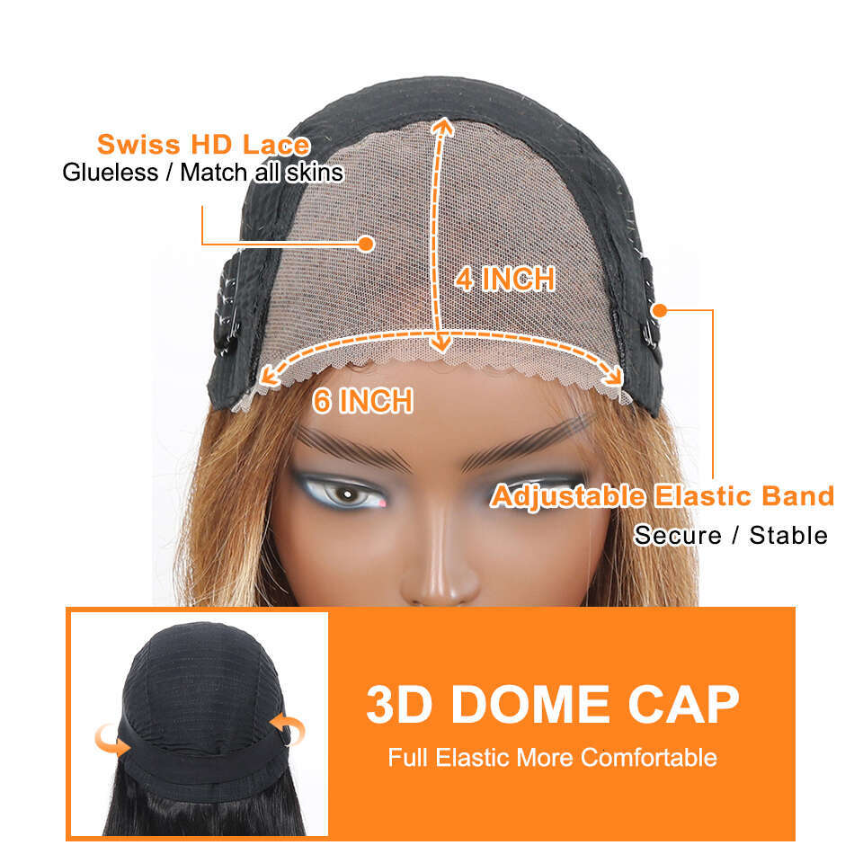 14 Inch Wear And Go Glueless Bob Human Hair Plucked Pre Cut P4/27 Highlight Blonde 6X4 Lace Closure Straight Wigs Short
