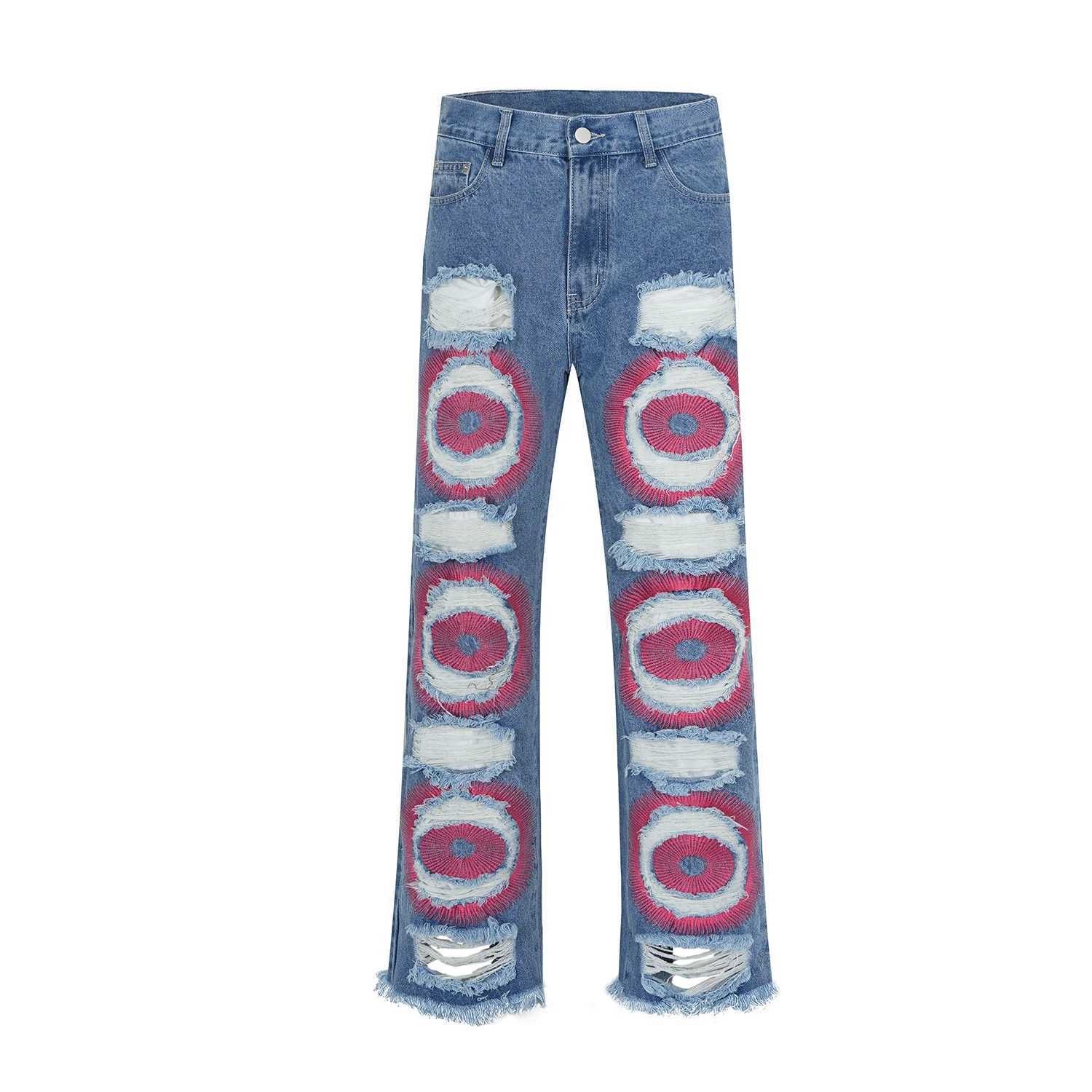 Y2k spandex embroidered open top wide jeans suitable for men washing destroying tearing Flared jeans men Tassels hip-hop jeans loose jeans X241026