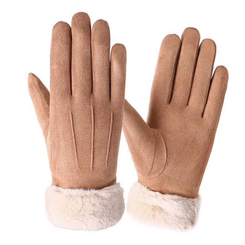 Winter suede leather bicycle Gs Autumn thick womens warm velvet plush gloves Womens outdoor touch screen driving Gs W241026